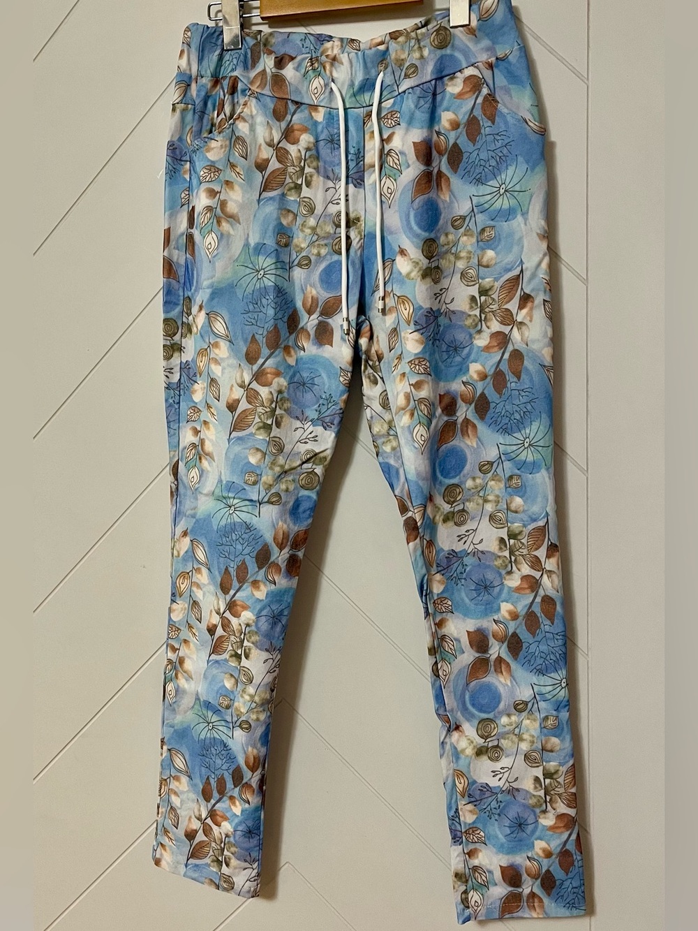 Women’s The One Italian Made Blue Floral Drawstring Stretch Pants L - Picture 2 of 11
